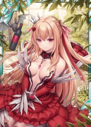 Rule 34 | 1girl, akkijin, bat (animal), black gloves, blonde hair, bottle, breasts, cleavage, crown, cup, dress, drinking glass, flower, garden, gloves, hair ornament, large breasts, long hair, looking at viewer, official art, outdoors, plate, red dress, red eyes, red flower, red rose, rose, shinkai no valkyrie, sitting, sunlight, table, thighhighs, vampire victoria (shinkai no valkyrie), wine bottle, wine glass