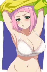 Rule 34 | 1girl, absurdres, armpits, arms up, blue background, blunt bangs, blush, border, bra, breasts, cleavage, frown, green eyes, highres, large breasts, looking at viewer, medium hair, navel, out-of-frame censoring, pink hair, shiny skin, solo, sorano (12gou), standing, stomach, underwear, undressing, upper body, watase kiui, white border, white bra, yoru no kurage wa oyogenai