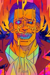 Rule 34 | 1boy, artist name, crocodile (one piece), grin, hair slicked back, half-closed eye, looking at viewer, male focus, mature male, one piece, psychedelic, scar, scar on face, sharp teeth, short hair, sid (skxviii), smile, solo, teeth, upper body