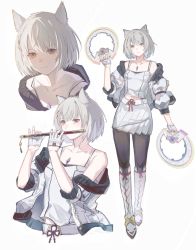 Rule 34 | 1girl, animal ears, black pantyhose, breasts, camisole, cat ears, chakram, chest jewel, cropped torso, fingerless gloves, flute, full body, gloves, grey eyes, highres, instrument, mio (xenoblade), multiple views, music, off-shoulder jacket, off shoulder, pantyhose, playing instrument, simple background, sis ttt, small breasts, tharsis (392724022), weapon, white background, white camisole, xenoblade chronicles (series), xenoblade chronicles 3, yellow eyes