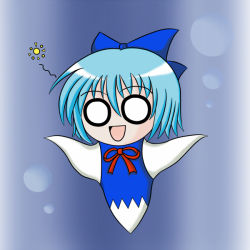 Rule 34 | 1girl, blue background, blue hair, bow, chibi, cirno, dazed, female focus, ghost, gradient background, smile, solo, touhou, yani tama