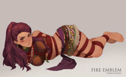 Rule 34 | 1girl, arms behind back, barefoot, bdsm, blush, bondage, bound, bound ankles, bound arms, bound legs, bound torso, braid, braided ponytail, breast bondage, breasts, brown hair, earrings, facial mark, fire emblem, fire emblem: three houses, highres, jewelry, legs, looking at viewer, lying, navel, nintendo, petra macneary, purple hair, rainnear, side braid, thighs