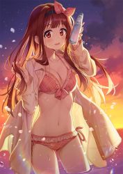 Rule 34 | 1girl, bikini, black hairband, blush, bottle, breasts, brown eyes, brown hair, chobi (penguin paradise), cleavage, collarbone, commentary request, frilled bikini, frills, hair ribbon, hairband, hands up, highres, holding, holding bottle, horizon, idolmaster, idolmaster million live!, jacket, long hair, long sleeves, looking at viewer, medium breasts, navel, ocean, open clothes, open jacket, outdoors, parted lips, pink bikini, pink ribbon, plaid, plaid bikini, ramune, ribbon, side-tie bikini bottom, smile, solo, standing, sunset, swimsuit, tanaka kotoha, very long hair, wading, water, white jacket