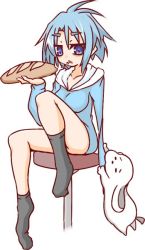 Rule 34 | 100 percent orange juice, 1girl, :&lt;, amputee, animal, asymmetrical legwear, black socks, blue hair, blue jacket, blush, bread, breasts, closed eyes, collarbone, commentary request, dog, food, food on face, full body, hair between eyes, hand up, holding, holding food, hono, hood, hood down, hooded jacket, jacket, kneehighs, kneehighs pull, long sleeves, medium breasts, nath (orange juice), no shoes, official art, parted lips, purple eyes, simple background, sitting, socks, solo, stool, suguri, triangle mouth, uneven legwear, white background