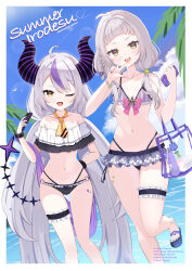 Rule 34 | 2girls, absurdres, ahoge, alternate costume, alternate hairstyle, ascot, bag, bare shoulders, beach, bracelet, breasts, cellphone, cleavage, collarbone, commentary request, demon girl, demon horns, demon tail, fingernails, full body, grey hair, handbag, highleg, highres, hololive, horns, ichipon1515, jewelry, la+ darknesss, leg up, legs, long hair, looking at viewer, low twintails, medium hair, multicolored hair, multiple girls, murasaki shion, nail polish, navel, one eye closed, open mouth, palm tree, phone, purple hair, sandals, small breasts, smartphone, standing, standing on one leg, stomach, streaked hair, striped, striped horns, swimsuit, tail, thigh strap, toenail polish, toenails, toes, tree, twintails, v, very long hair, virtual youtuber, white background, yellow eyes