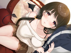 Rule 34 | 1girl, arm hug, breasts, brown eyes, brown hair, brown skirt, collarbone, couch, demon girl, demon tail, hair ornament, hair scrunchie, hayakawa akari, highres, holding own arm, indoors, jacket, large breasts, long hair, looking at viewer, official art, pillow, ribbed sweater, scrunchie, sitting, skirt, sweater, tail