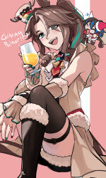 Rule 34 | 2girls, animal ears, black footwear, black shorts, black thighhighs, blush, boots, bow, bowtie, brooch, brown hair, brown jacket, character name, chibi, chibi inset, cup, daitaku helios (umamusume), detached sleeves, english text, fur-trimmed boots, fur-trimmed shorts, fur trim, fuyukayui, green eyes, head tilt, highres, holding, holding cup, horse ears, horse girl, horse tail, jacket, jewelry, looking at viewer, mejiro palmer (umamusume), mejiro palmer (warm-hearted reindeer) (umamusume), multicolored hair, multicolored nails, multiple girls, open mouth, parted bangs, pink background, ponytail, short shorts, shorts, sitting, sleeveless, sleeveless jacket, smile, solo focus, streaked hair, tail, thigh strap, thighhighs, umamusume