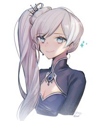 Rule 34 | 1girl, alternate costume, artist name, blue eyes, breasts, cleavage, earrings, ecru, hair ornament, jewelry, rwby, scar, scar across eye, scar on face, small breasts, smile, solo, weiss schnee, white background, white hair