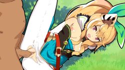 Rule 34 | 1boy, 1girl, arms behind back, bare shoulders, blonde hair, breasts, breasts out, clothed female nude male, cygames, dragalia lost, elisanne, grass, hair ornament, hetero, highres, long hair, looking at viewer, lying, nintendo, nipples, nude, on grass, on side, open mouth, outdoors, penis, ponytail, purple eyes, pussy, rape, sex, small breasts, solo focus, spread legs, torn clothes, torn legwear, uncensored, vaginal, white legwear