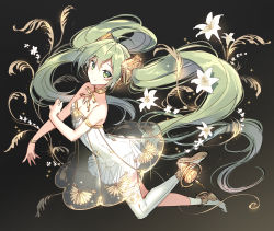 Rule 34 | 1girl, 2020, artist name, asymmetrical legwear, bare shoulders, breasts, choker, cleavage, closed mouth, commentary request, dress, floating, floating hair, flower, from side, full body, green eyes, green hair, grey background, hair between eyes, hair flower, hair ornament, hatsune miku, long hair, looking at viewer, miku symphony (vocaloid), nardack, see-through, short dress, simple background, single thighhigh, skirt, sleeveless, sleeveless dress, smile, solo, thighhighs, twintails, uneven legwear, very long hair, vocaloid, white dress, white flower, white footwear, white skirt, white thighhighs, zettai ryouiki