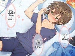 Rule 34 | 1boy, bed, blush, brown hair, child, controller, game controller, green eyes, hard-translated, hinahara hajime, male focus, original, parted lips, shirt, shorts, solo, t-shirt, text focus, third-party edit, translated