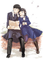 Rule 34 | 1boy, 1girl, black pantyhose, boots, breath, closed eyes, coat, couple, hair down, hand on shoulder, hetero, hijikata keisuke, mozu (peth), open mouth, pantyhose, sakamoto mio, scarf, shared clothes, shared scarf, sitting, smile, snow, strike witches, uniform, world witches series
