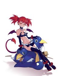 Rule 34 | 1girl, arm belt, arm support, belt, bikini, bikini top only, black bikini, black collar, black gloves, black thighhighs, boots, collar, demon girl, demon tail, demon wings, disgaea, earrings, elbow gloves, etna (disgaea), gloves, highres, jewelry, leaning back, loincloth, looking at viewer, makai senki disgaea, navel, pointy ears, prinny, red eyes, red hair, red wings, short hair, sitting, sitting on person, skirt, skull earrings, smile, swimsuit, tail, thighhighs, twintails, wings