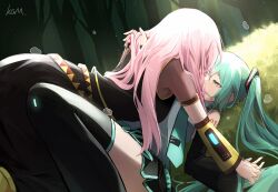 Rule 34 | 2girls, absurdres, couple, day, detached sleeves, forest, girl on top, grass, green eyes, green hair, hatsune miku, highres, holding hands, imminent kiss, interlocked fingers, jingzi kgm, long hair, megurine luka, multiple girls, nature, outdoors, pink hair, playing with another&#039;s hair, signature, skirt, sunlight, thighs, tree, twintails, very long hair, vocaloid, yuri