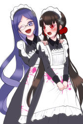 Rule 34 | 2girls, :d, ;d, alternate costume, apron, black dress, blood, blood on clothes, blue eyes, blue hair, blunt bangs, blush, brown hair, collared dress, commentary request, danganronpa (series), danganronpa v3: killing harmony, dress, enmaided, glasses, hair ornament, hands on another&#039;s shoulders, harukawa maki, highres, juliet sleeves, long dress, long hair, long sleeves, looking at viewer, maid, maid apron, maid headdress, multiple girls, one eye closed, open mouth, parted bangs, pink blood, puffy sleeves, red eyes, satori (aosky9077), shirogane tsumugi, smile, spider web hair ornament, v arms, very long hair, white apron, white background