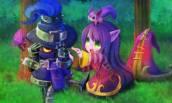 Rule 34 | 1girl, animal ears, bandaid, colored skin, fairy, green eyes, hat, league of legends, long hair, lulu (league of legends), mizoreame, open mouth, pix (league of legends), pointy ears, purple hair, purple skin, veigar, witch hat, yellow eyes, yordle