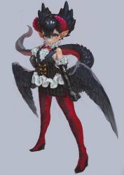 Rule 34 | 1girl, black gloves, black hair, black wings, bow, closed mouth, dragon horns, dragon tail, eyelashes, flat chest, full body, gloves, green eyes, hair between eyes, hand on own hip, highres, horns, jonpei, monster girl, pantyhose, pout, short hair, solo, standing, tail, wings