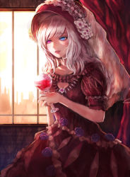 Rule 34 | 1girl, alcohol, bad id, bad pixiv id, blue eyes, cleavage cutout, clothing cutout, colored eyelashes, cup, drinking glass, facial mark, flower, hat, heterochromia, jname, lips, original, purple eyes, silver hair, solo, wine, wine glass