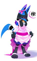 Rule 34 | 1boy, absurdres, animal ears, animal feet, averting eyes, barefoot, black choker, black fur, blue fur, blush, body fur, bow, choker, closed mouth, clothed pokemon, creatures (company), crossdressing, detached sleeves, dress, ear bow, embarrassed, frills, full body, furry, furry male, game freak, gen 4 pokemon, half-closed eyes, heart, highres, lifted by self, looking to the side, lucario, male focus, mole, mole under eye, multicolored fur, nintendo, nose blush, pink bow, pink dress, pink eyes, pink sleeves, pokemon, pokemon (creature), sash, shnider, simple background, sleeveless, sleeveless dress, snout, solo, speech bubble, spikes, spoken squiggle, squiggle, standing, tail, tail garter, white background, wolf boy, wolf ears, wolf tail, yellow fur