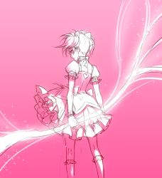 Rule 34 | 10s, 1girl, bow, bow (weapon), from behind, gloves, hair bow, kaname madoka, kneehighs, magical girl, mahou shoujo madoka magica, mahou shoujo madoka magica (anime), monochrome, petticoat, pink background, puffy sleeves, short twintails, sketch, socks, solo, twintails, usuba kagero (initiative), weapon