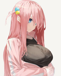 Rule 34 | 1girl, absurdres, black skirt, blue eyes, bocchi the rock!, breasts, cube hair ornament, gotoh hitori, hair between eyes, hair ornament, hair over eyes, highres, jacket, jersey, large breasts, long hair, looking away, open clothes, open jacket, own hands together, pink hair, pink jacket, senmu (senmudayo), simple background, skirt