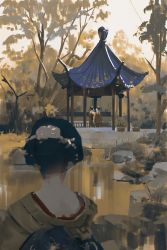 Rule 34 | 3girls, architecture, black hair, east asian architecture, faux traditional media, from behind, garden, gazebo, grass, highres, japanese clothes, kimono, multiple girls, original, plant, pond, potted plant, scenery, sketch, snatti, sunlight, tree, water