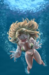 Rule 34 | 1girl, absurdres, air bubble, asphyxiation, barefoot, bikini, blonde hair, breasts, bubble, blowing bubbles, drowning, eyebrows, floating hair, highres, indie virtual youtuber, large breasts, navel, submerged, swimming, swimsuit, underwater, water
