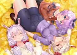 Rule 34 | 3girls, :d, :o, ;), absurdres, animal ears, arm up, ayanami (azur lane), azur lane, black ribbon, blue skirt, blush, bow, breasts, brown eyes, brown footwear, brown jacket, brown shirt, closed eyes, clothing cutout, collared shirt, commentary request, dress shirt, ginkgo tree, ginkgo leaf, green eyes, hair between eyes, hair bow, hair ornament, hair ribbon, hair scrunchie, hairband, hairclip, hands up, headgear, highres, impossible clothes, jacket, javelin (azur lane), laffey (azur lane), leaf, light brown hair, long sleeves, low twintails, lying, medium breasts, minoshi, multiple girls, on back, one eye closed, open mouth, parted lips, purple hair, purple shirt, rabbit ears, red bow, red hairband, red scrunchie, ribbon, scrunchie, shirt, shoes, short sleeves, shoulder cutout, side ponytail, silver hair, skirt, sleeves past wrists, smile, twintails