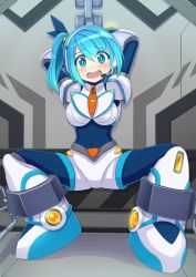 Rule 34 | 1girl, android, armor, armored boots, arms behind head, blue bodysuit, blue eyes, blue hair, blue ribbon, blush, bodysuit, boots, bound, bound legs, bound wrists, breasts, chain, commentary request, covered navel, full body, hair between eyes, hair ribbon, head tilt, highres, large breasts, looking at viewer, mega man (series), mega man x (series), mega man x dive, miruno, open mouth, ribbon, rico (mega man), shadow, short hair, short shorts, shorts, side ponytail, sidelocks, skin tight, solo, squatting, sweat, white armor, white shorts