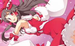 Rule 34 | 1girl, blush, bow, brown hair, detached sleeves, female focus, from behind, from side, hair bow, hair tubes, hakurei reimu, japanese clothes, kabayaki unagi, long hair, looking back, miko, nontraditional miko, petals, red eyes, ribbon-trimmed sleeves, ribbon trim, sidelocks, skirt, skirt set, solo, touhou, wide sleeves