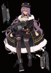 Rule 34 | 1girl, absurdres, ammunition, armsel protecta, armsel striker, beret, black background, black gloves, black pantyhose, breasts, chain, cleavage, cleavage cutout, clothing cutout, coat, combat shotgun, cuffs, drone, fur trim, girls&#039; frontline, gloves, gun, hair over one eye, hat, highres, holding, holding gun, holding weapon, long hair, looking at viewer, original, pantyhose, purple hair, revolver shotgun, riot shotgun, semi-automatic firearm, semi-automatic shotgun, shackles, shotgun, shotgun shell, simple background, skirt, slm, smile, solo, weapon, yellow eyes