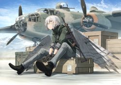 Rule 34 | 1girl, :/, absurdres, aircraft, airplane, assault rifle, asterisk kome, bird wings, bomber, commentary request, crate, frances royce, green jacket, grey pants, gun, heterochromia, highres, jacket, low wings, military, military vehicle, pants, rifle, scar, scar on face, short hair, silver hair, sitting, solo, weapon, winged fusiliers, wings
