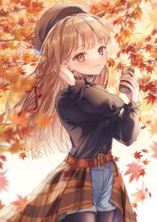 Rule 34 | 1girl, autumn, autumn leaves, belt, belt buckle, beret, black pantyhose, black shirt, blue shorts, braid, branch, brown belt, brown eyes, brown hair, brown hat, buckle, can, canned coffee, closed mouth, commentary request, drink can, hair ribbon, hands up, hat, highres, holding, holding can, leaf, long hair, long sleeves, maple leaf, original, outdoors, pantyhose, pantyhose under shorts, paraffin, plaid, puffy long sleeves, puffy sleeves, red ribbon, ribbon, shirt, short shorts, shorts, smile, solo, very long hair