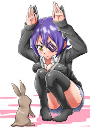 Rule 34 | &gt;:&lt;, 10s, 1girl, :&lt;, arms up, black sweater, black thighhighs, blue skirt, blush, breast press, breasts, bunny ears gesture, cleavage, closed mouth, collared shirt, convenient censoring, convenient leg, eyepatch, frown, full body, gloves, glowing, headgear, highres, kantai collection, knees to chest, large breasts, legs together, long sleeves, looking at another, looking down, miniskirt, neon trim, no panties, parted bangs, partially visible vulva, pigeon-toed, pleated skirt, purple hair, rabbit, rabbit pose, sazanami tarou, school uniform, serious, shadow, shirt, short hair, simple background, skirt, sleeves past wrists, solo, squatting, staring, sweater, tenryuu (kancolle), thighhighs, v-shaped eyebrows, white background, yellow eyes