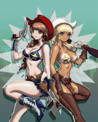 2girls back-to-back bare_arms bare_legs bare_shoulders belt bikini bikini_top_only blonde_hair blue_bikini blue_eyes blue_skirt boots braid breasts brown_eyes brown_gloves brown_hair brown_legwear cleavage cowboy_hat dark_skin dark-skinned_female female_focus garter_straps gloves gun hat high_heel_boots high_heels holding holding_gun holding_weapon large_breasts legs long_hair looking_at_viewer lucky9 midriff multiple_girls navel original pleated_skirt red_headwear rifle skirt smile star_(symbol) swimsuit thighhighs weapon cowboy_western white_bikini white_headwear wristband