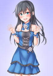 Rule 34 | 1girl, alternate costume, anti (untea9), arm garter, asashio (kancolle), bare shoulders, black hair, blue dress, blue eyes, breasts, collarbone, cowboy shot, detached collar, dress, flower, frills, gradient background, hair between eyes, highres, kantai collection, lips, long hair, looking at viewer, open mouth, purple background, rose, sash, small breasts, smile, solo, twitter username, white flower, white rose