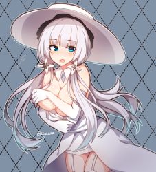 Rule 34 | 1girl, azur lane, blush, breasts, checkered background, choker, cleavage, collarbone, commentary request, covering privates, covering breasts, detached collar, dress, elbow gloves, embarrassed, gloves, grey eyes, hair ornament, hat, highres, illustrious (azur lane), large breasts, long hair, looking at viewer, mole, mole under eye, off-shoulder dress, off shoulder, open mouth, solo, sun hat, tilt-shift (azalanz), tri tails, wardrobe malfunction, white dress, white gloves, white hair