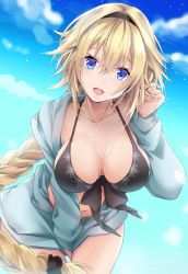 Rule 34 | 1girl, akatsuki hijiri, bikini, black bikini, blonde hair, blue eyes, braid, breasts, cleavage, cloud, cloudy sky, collarbone, commentary request, day, fate/grand order, fate (series), front-tie bikini top, front-tie top, hair between eyes, hairband, jacket, jeanne d&#039;arc (fate), jeanne d&#039;arc (ruler) (fate), jeanne d&#039;arc (swimsuit archer) (fate), jeanne d&#039;arc (swimsuit archer) (first ascension) (fate), large breasts, leaning forward, long hair, looking at viewer, navel, open clothes, open jacket, open mouth, sidelocks, sky, smile, solo, swimsuit, very long hair