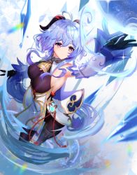 Rule 34 | absurdres, ahoge, armpits, bell, black gloves, black legwear, blue hair, breasts, chinese knot, detached sleeves, flower knot, ganyu (genshin impact), gao kawa, genshin impact, gloves, gold trim, highres, horns, ice shard, long hair, looking at another, magic, medium breasts, neck bell, orb, parted lips, purple eyes, red rope, rope, sidelocks, solo, standing, tassel, thighlet, very long hair, vision (genshin impact), white sleeves, wind