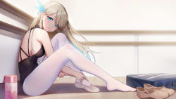 Rule 34 | 1girl, athletic leotard, bag, ballerina, ballet slippers, bare arms, barre, black leotard, blue eyes, blush, bottle, breasts, chinese commentary, closed mouth, commentary, commentary request, floating hair, from side, full body, hairband, halterneck, highres, indoors, large breasts, leotard, lexington (warship girls r), light brown hair, long hair, looking at viewer, looking to the side, no shoes, pantyhose, shoes, unworn shoes, sideboob, single shoe, sitting, smile, solo, tight shoes, warship girls r, white hairband, white pantyhose, xingchee