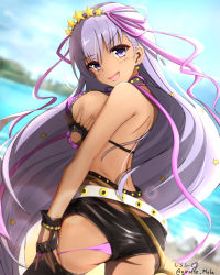 Rule 34 | 10s, 1girl, absurdres, ass, back, bare shoulders, bb (fate), bb (fate) (all), bb (swimsuit mooncancer) (fate), bb (swimsuit mooncancer) (second ascension) (fate), beach, bead bracelet, beads, belt, bikini, bikini pull, black gloves, black shorts, black thighhighs, blue sky, blurry, blurry background, blush, bracelet, breast hold, breasts, cleavage, clothes pull, dark-skinned female, dark skin, day, earrings, fate/extra, fate/extra ccc, fate/grand order, fate (series), fingerless gloves, giraffe (ilconte), gloves, hair ribbon, highres, hip focus, jewelry, large breasts, long hair, looking at viewer, looking back, micro shorts, open mouth, purple bikini, purple eyes, purple hair, purple ribbon, ribbon, short shorts, shorts, sky, smile, solo, star (symbol), star earrings, swimsuit, tan, thighhighs, thighs, tiara, very long hair, white belt