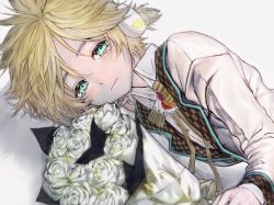 Rule 34 | 1boy, aqua eyes, blonde hair, bouquet, commentary, crying, crying with eyes open, flower, formal, half-closed eyes, headphones, kagamine len, korpokkur kne, lying, male focus, neck ribbon, on side, ribbon, rose, short ponytail, sideways glance, solo, spiked hair, suit, tears, upper body, vocaloid, white background, white flower, white rose, white suit, yellow ribbon