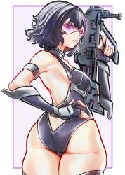 Rule 34 | 1girl, absurdres, ai shou, ass, black hair, breasts, commission, detached sleeves, girls&#039; frontline, gun, hand on own hip, head-mounted display, highres, holding, holding gun, holding weapon, leotard, looking back, medium breasts, multicolored hair, purple eyes, purple hair, purple leotard, ripper (girls&#039; frontline), sangvis ferri, second-party source, simple background, solo, streaked hair, thighhighs, weapon