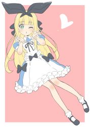 Rule 34 | 1girl, absurdres, apron, bad id, bad twitter id, black bow, black footwear, black hairband, black ribbon, blowing kiss, blue dress, blush, border, bow, donguri suzume, dress, green eyes, hair bow, hairband, hands up, heart, highres, looking at viewer, mononobe alice, mononobe alice (1st costume), neck ribbon, nijisanji, one eye closed, parted lips, puffy short sleeves, puffy sleeves, red background, ribbon, shoes, short sleeves, simple background, socks, solo, virtual youtuber, white apron, white border, white socks