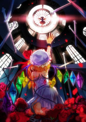 Rule 34 | 2girls, alternate costume, ankle cuffs, arm up, bare shoulders, barefoot, bat wings, blonde hair, blurry, ceiling, chain, colorful, cross, crystal, cuts, depth of field, female focus, flandre scarlet, flower, flying, from behind, from below, hakoiri nekohime, hat, injury, kneeling, multiple girls, outstretched arm, petals, reaching, red flower, red rose, rella, remilia scarlet, rose, short hair, siblings, silhouette, sisters, touhou, window, wings, wrist cuffs