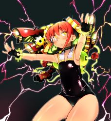 Rule 34 | 1girl, android, doll joints, electricity, fingerless gloves, fukumaaya, gears, gloves, highres, joints, kururukaer, original, red hair, robot, robot joints, scouter, solo, swimsuit, yellow eyes
