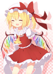 Rule 34 | 1girl, abandon ranka, arms behind back, ascot, blush, bow, crystal, closed eyes, flandre scarlet, hat, hat bow, highres, open mouth, puffy sleeves, short sleeves, side ponytail, solo, touhou, wings