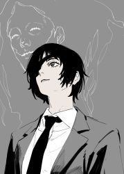 Rule 34 | 1girl, black hair, black necktie, chainsaw man, closed eyes, collared shirt, eyepatch, formal, ghost devil (chainsaw man), grey background, grey jacket, greyscale, highres, himeno (chainsaw man), jacket, long hair, looking to the side, monochrome, necktie, roru (lol dessin), shirt, short hair, simple background, stitched eye, stitched mouth, stitches, suit, white shirt