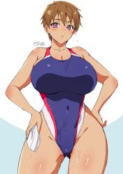 Rule 34 | 1girl, bare shoulders, blush, breasts, brown hair, cleavage, commission, competition swimsuit, covered navel, dark-skinned female, dark skin, hands on own hips, highres, large breasts, looking at viewer, one-piece swimsuit, original, parted lips, pixiv commission, purple eyes, short hair, solo, swim cap, unworn swim cap, swimsuit, tomboy, wet, yajiro masaru