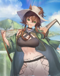 Rule 34 | 1girl, :d, absurdres, animal ears, arknights, blue sky, breasts, brown hair, cleavage, cleavage cutout, clothing cutout, coat, contrapposto, cowboy shot, crop top, day, ears through headwear, fengyin shici guozi, green coat, green eyes, hat, head tilt, highres, hip vent, horse ears, instrument, large breasts, long hair, long sleeves, looking at viewer, meteor (arknights), meteor (bard&#039;s holiday) (arknights), navel, official alternate costume, open clothes, open coat, open mouth, outdoors, pants, ponytail, sidelocks, sky, smile, solo, stomach, town, white hat, white pants